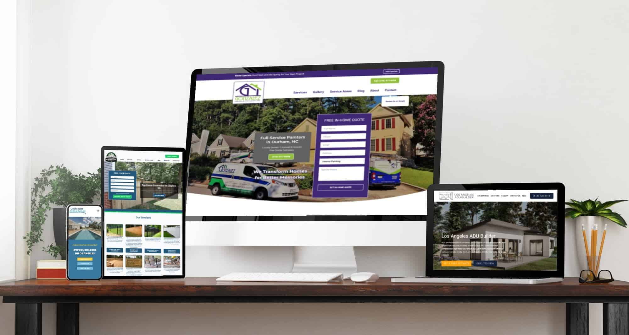 Responsive contractor website shown across desktop, tablet, and mobile devices